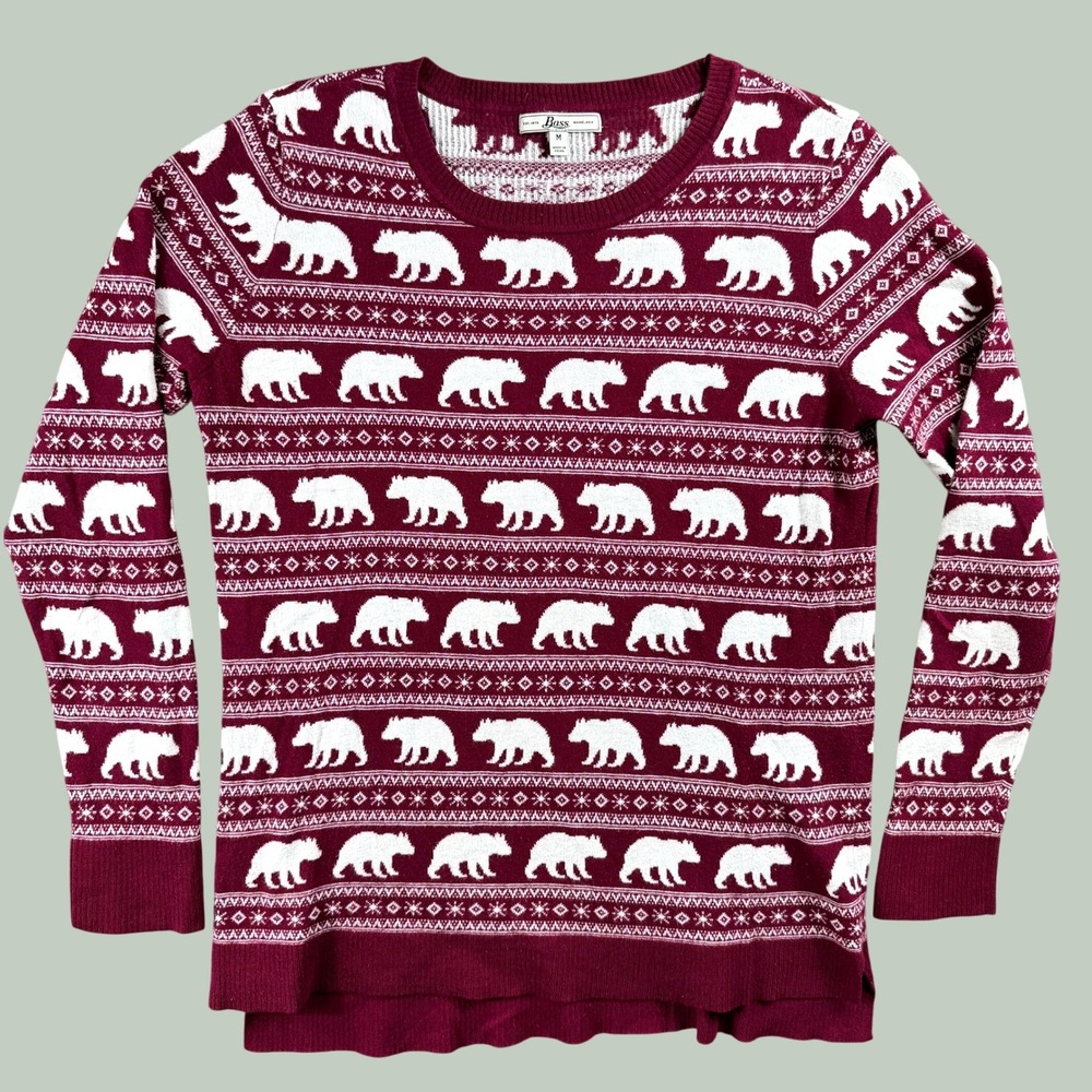 Bass Sweater Women M Maroon Bear Fair Isle Lodge Cabin Cozy Knit Pullover Tops